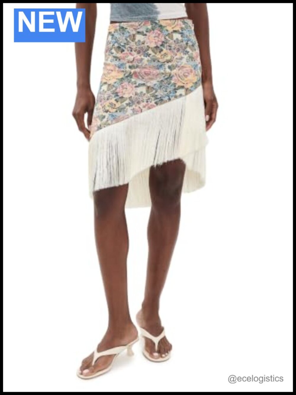 Yellow the Label Gretchen Jacquard Skirt with Asymmetrical Fringe Hem, Floral,
